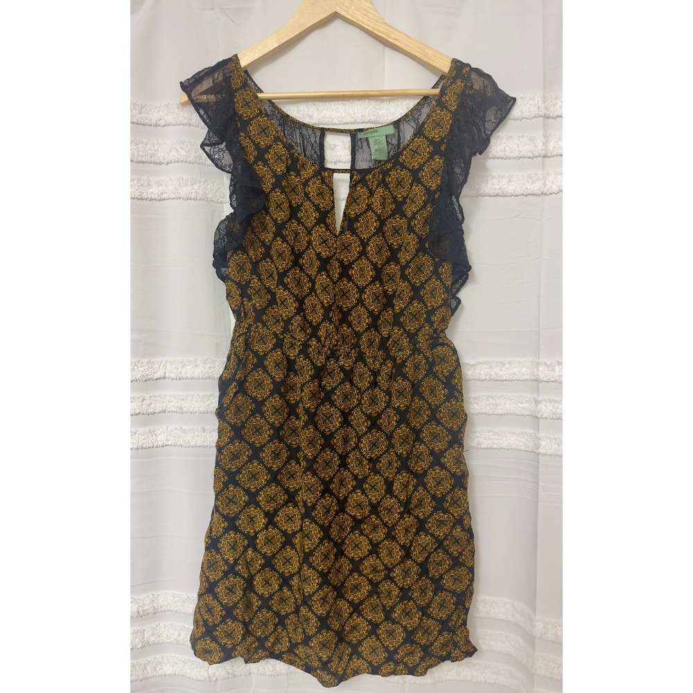 Maple Silk Mini Dress Black Gold Damask Lace Ruffle Sleeve Boho Goth Womens S